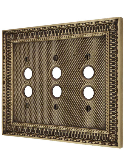 Pisano Triple Gang Push Button Switch Plate in Antique Brass.